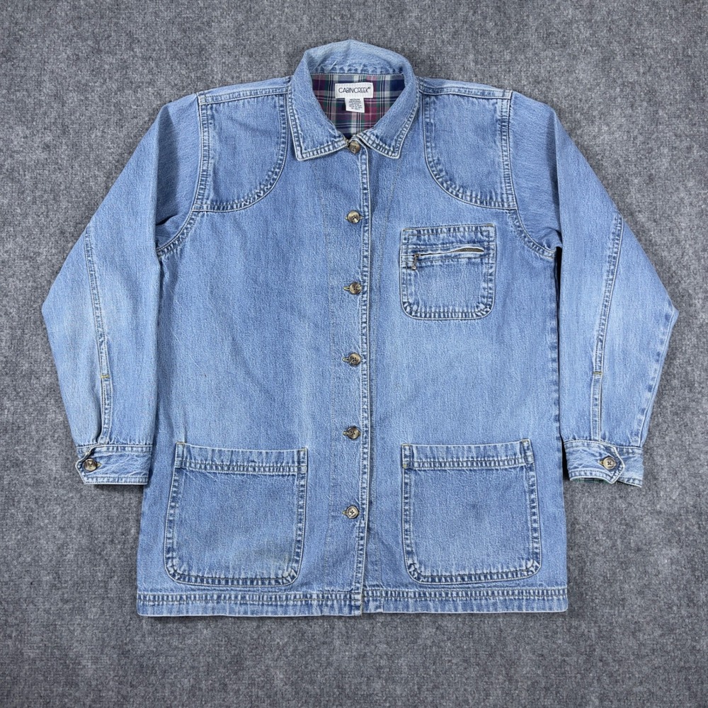 Vintage Cabin Creek Denim Chore Jacket Womens Medium Blue Plaid Lined Utility